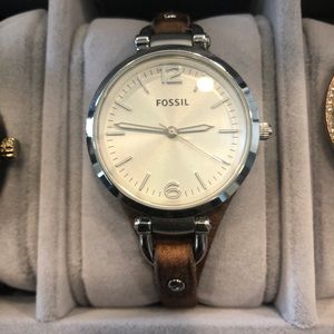 Silver and brown leather small face fossil watch